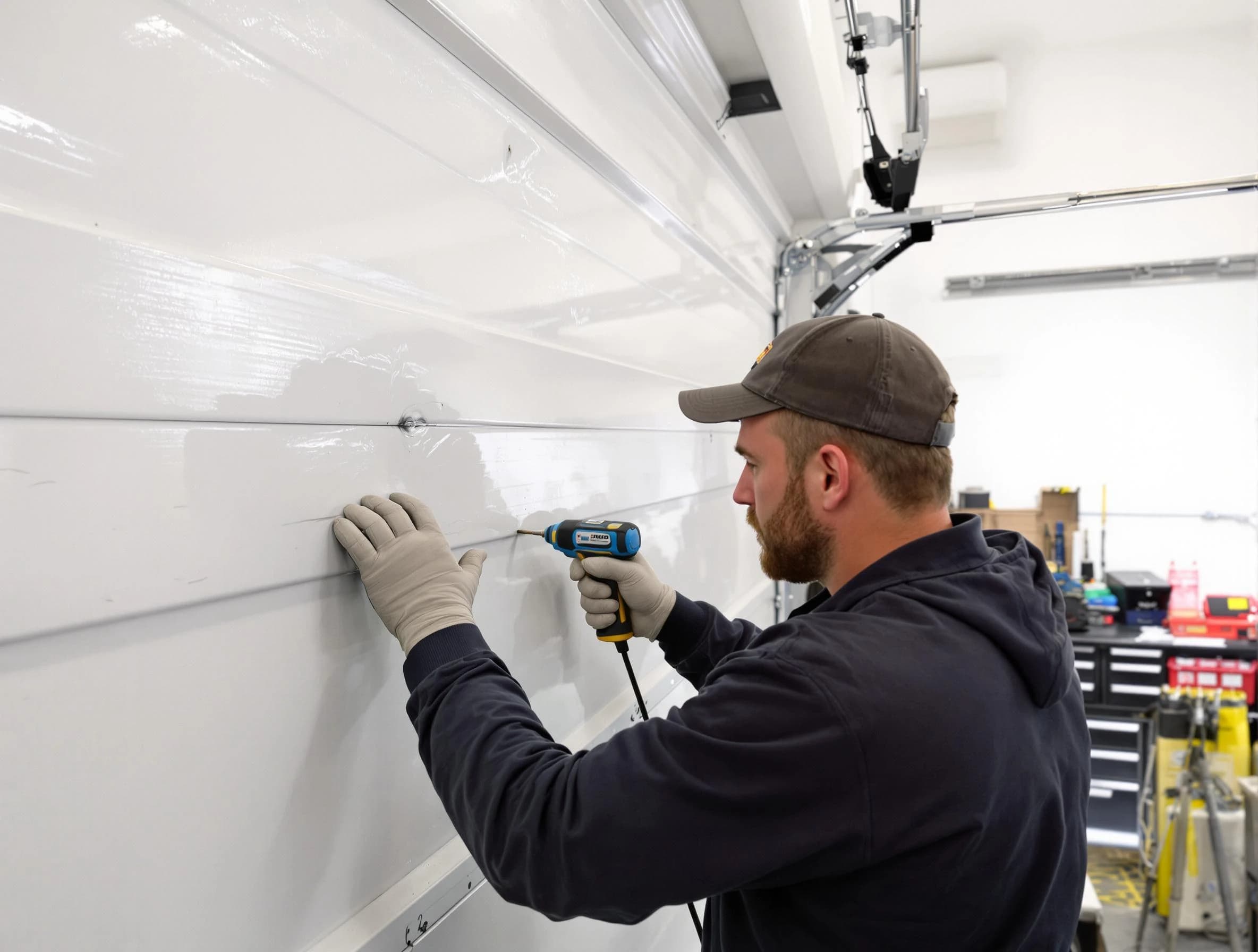 Canonsburg Garage Door Repair technician demonstrating precision dent removal techniques on a Canonsburg garage door